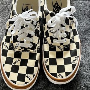 Vans Checkerboard Platform Sneakers in Black and White with Brown Trim